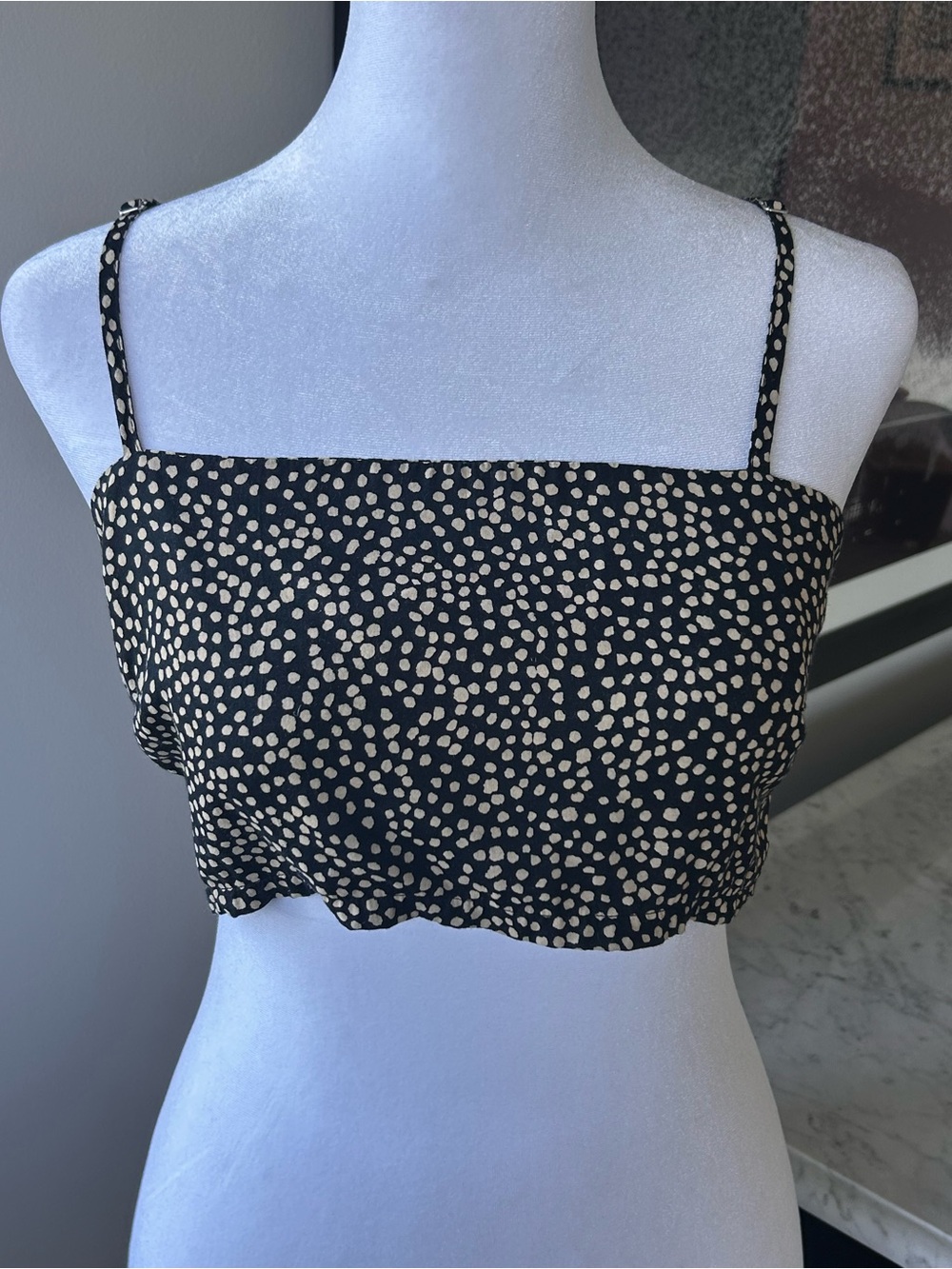 Obey Black Cropped Spaghetti Strap Camisole with Cream Dot Print